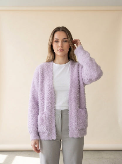 Cozy Loose V-Neck Button Cardigan in Light Purple, worn