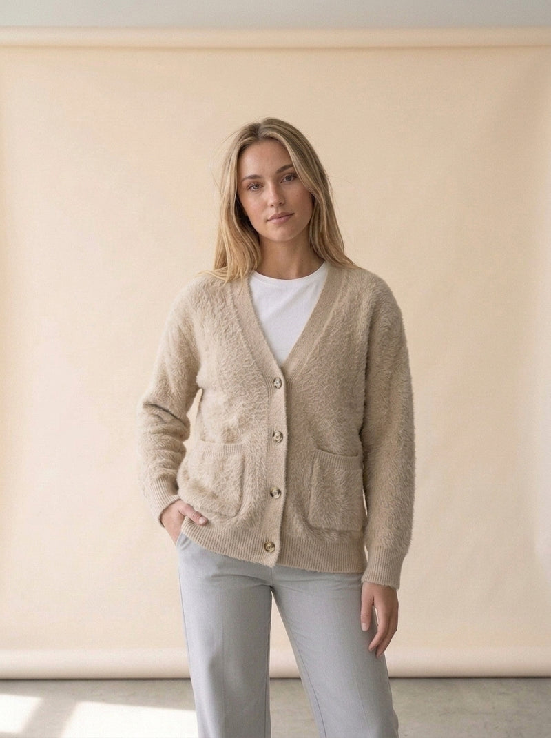 Cozy Loose V-Neck Button Cardigan in Khaki, worn