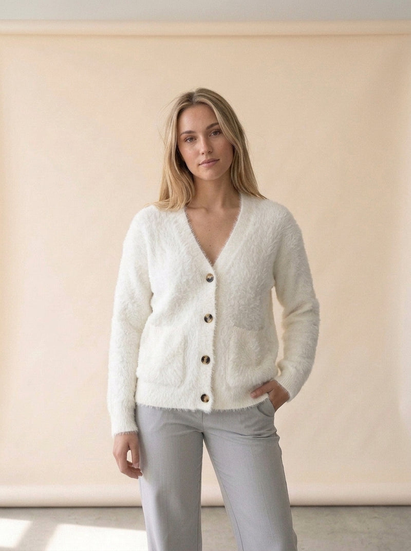 Cozy Loose V-Neck Button Cardigan in White, worn