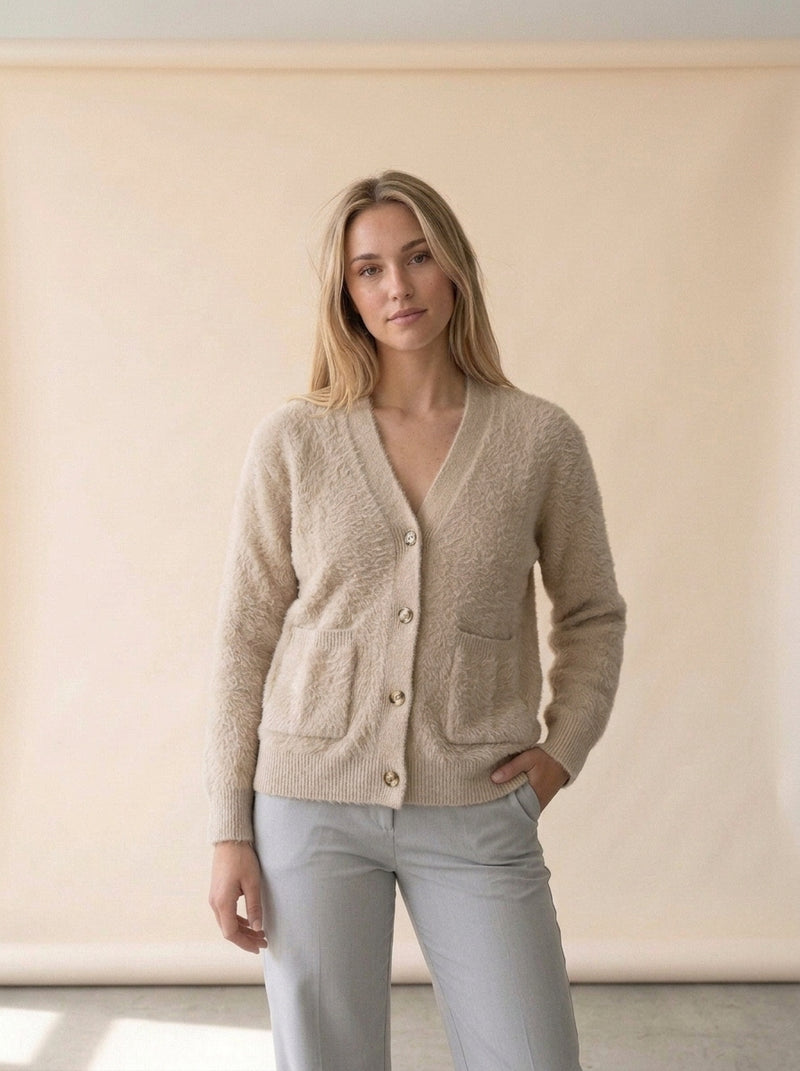 Cozy Loose V-Neck Button Cardigan in Khaki, worn
