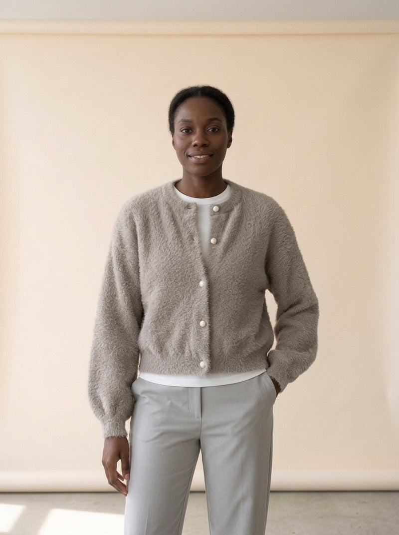 Lazy Day V-Neck Sweater Jacket in Gray, worn