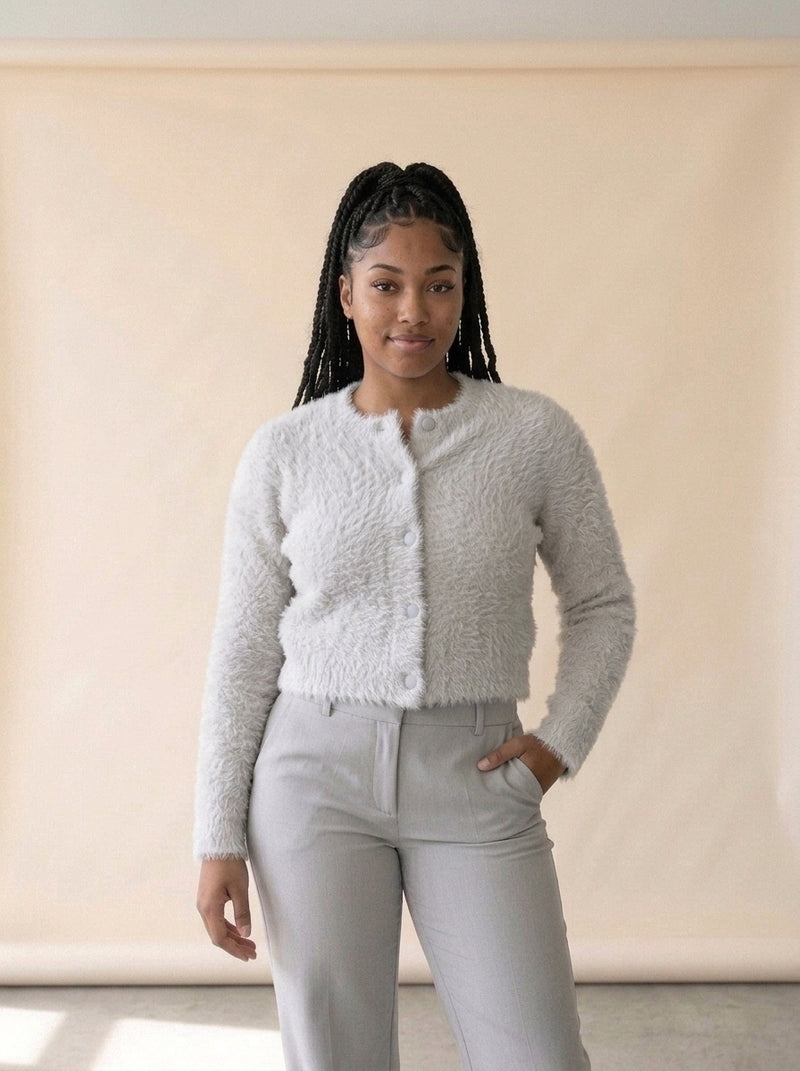 Lazy Day V-Neck Sweater Jacket in Gray, worn