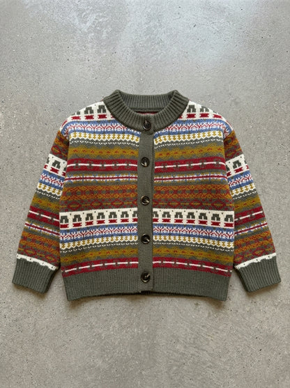 Retro Heart Colour Block Kids Cardigan in army green