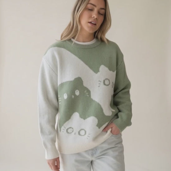 Cartoon Cat Crew Neck Sweater — video
