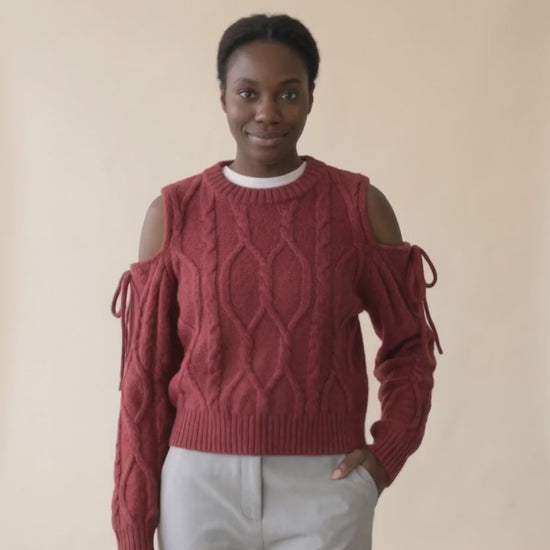 Cold Shoulder Bow Cable Knit Sweater — video