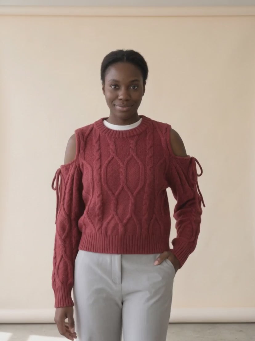 Cold Shoulder Bow Cable Knit Sweater — video