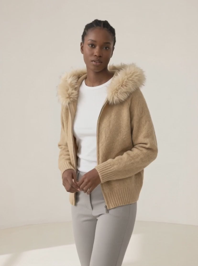 Fluffy Hood Zip-Up Knit Sweater Jacket — video